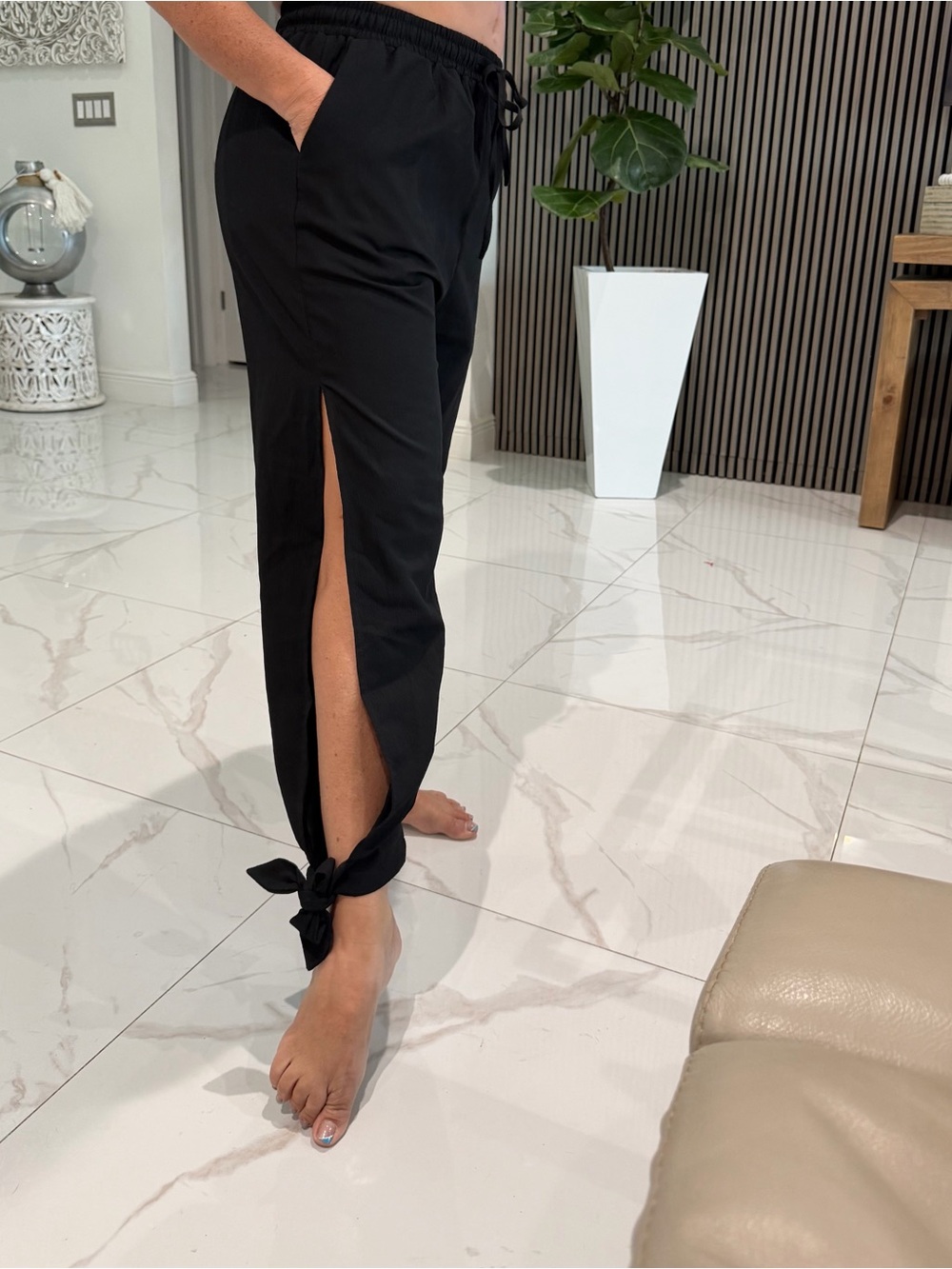 Black Tie-Hem Side-Slit Women's Pants